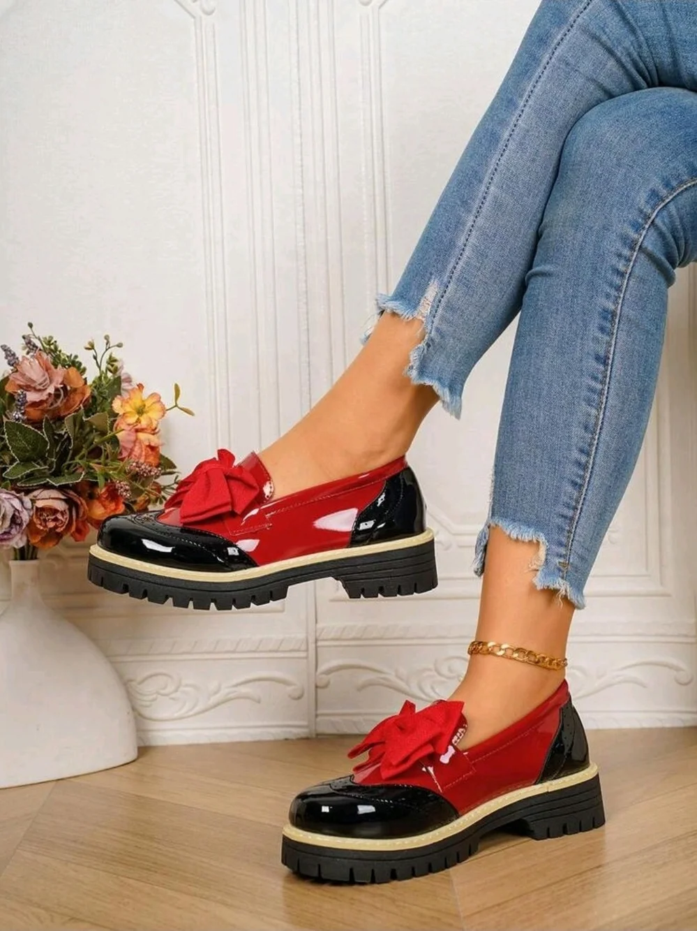 SHEIN Red and Black Patent Bow Platform Loafers